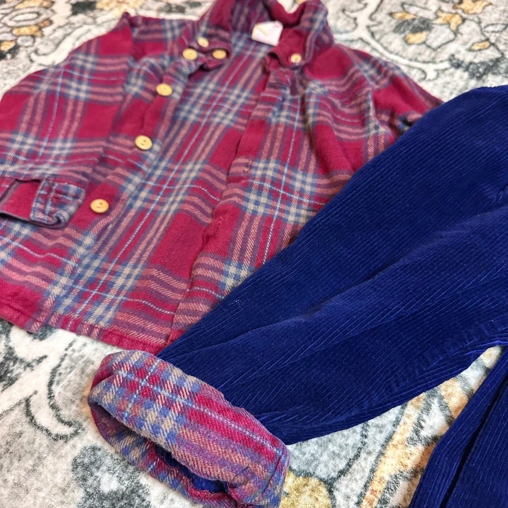 Vintage OshKosh Set Plaid Flannel Shirt & Blue Corduroy Pants 80s 90s Toddler 2T